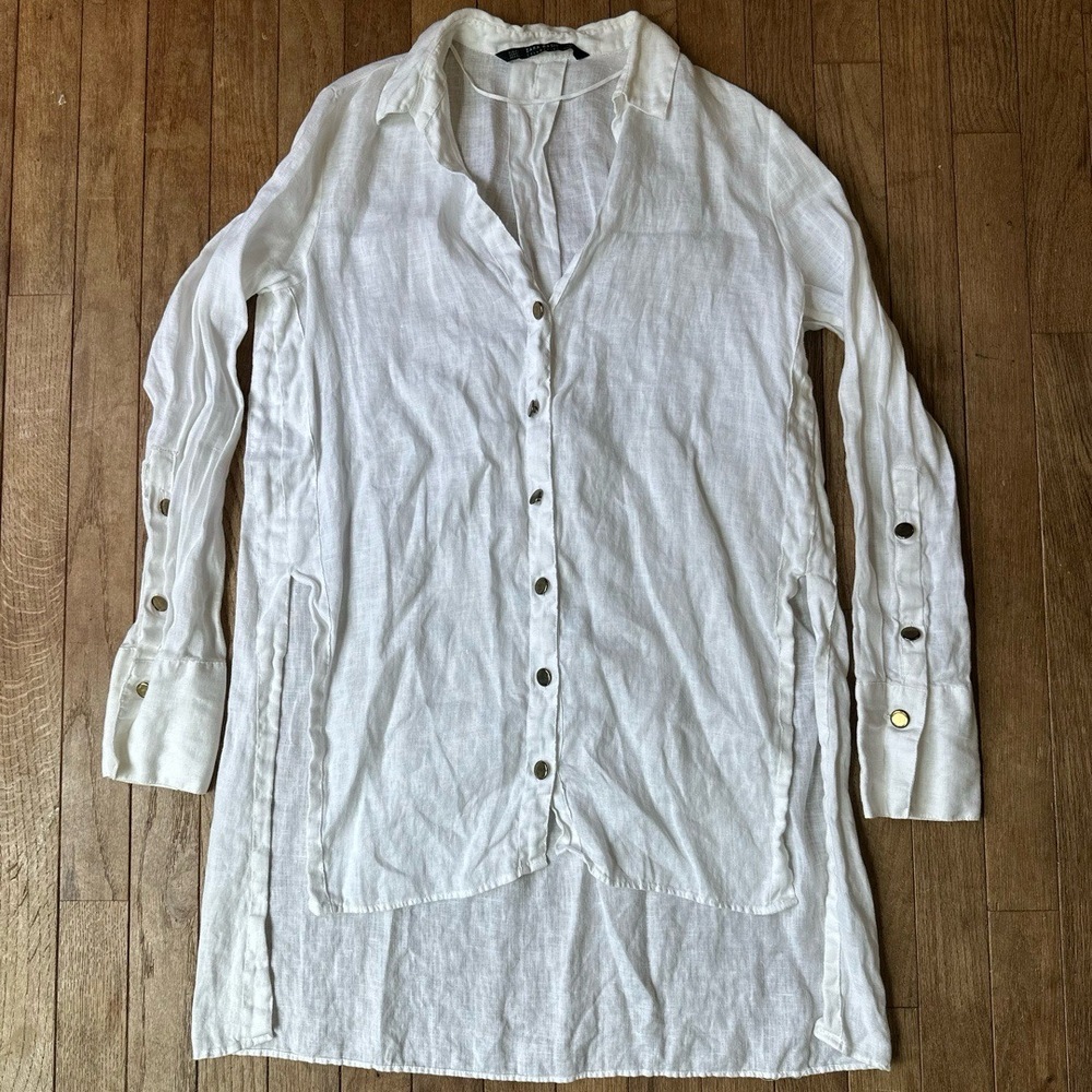 Zara Linen Tunic High Low Boho Resort XS White Button-up Gold Casual Minimalist